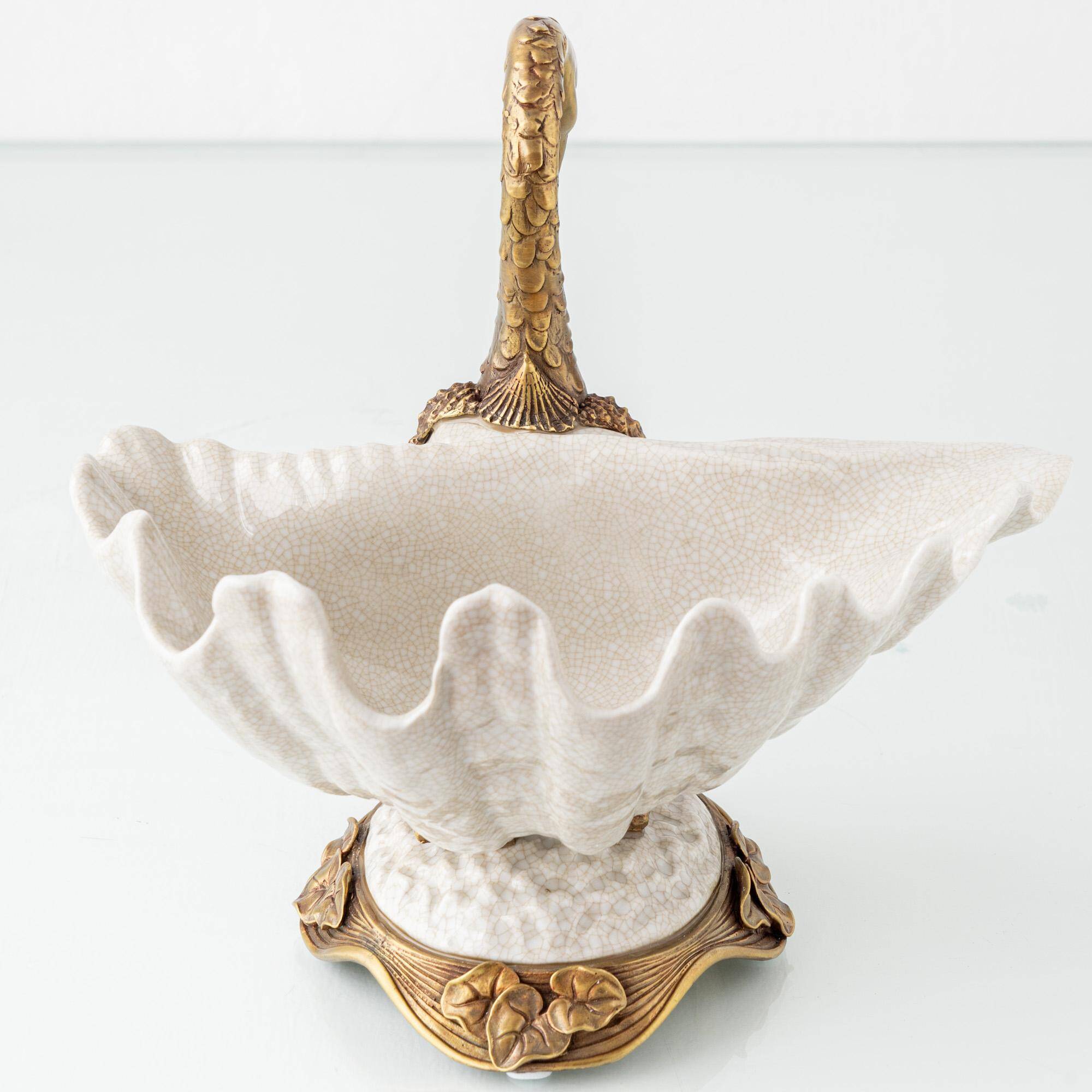 Sculptural Art Nouveau Swan Coupe in Crackled Glazed Porcelain and Gilded Metal