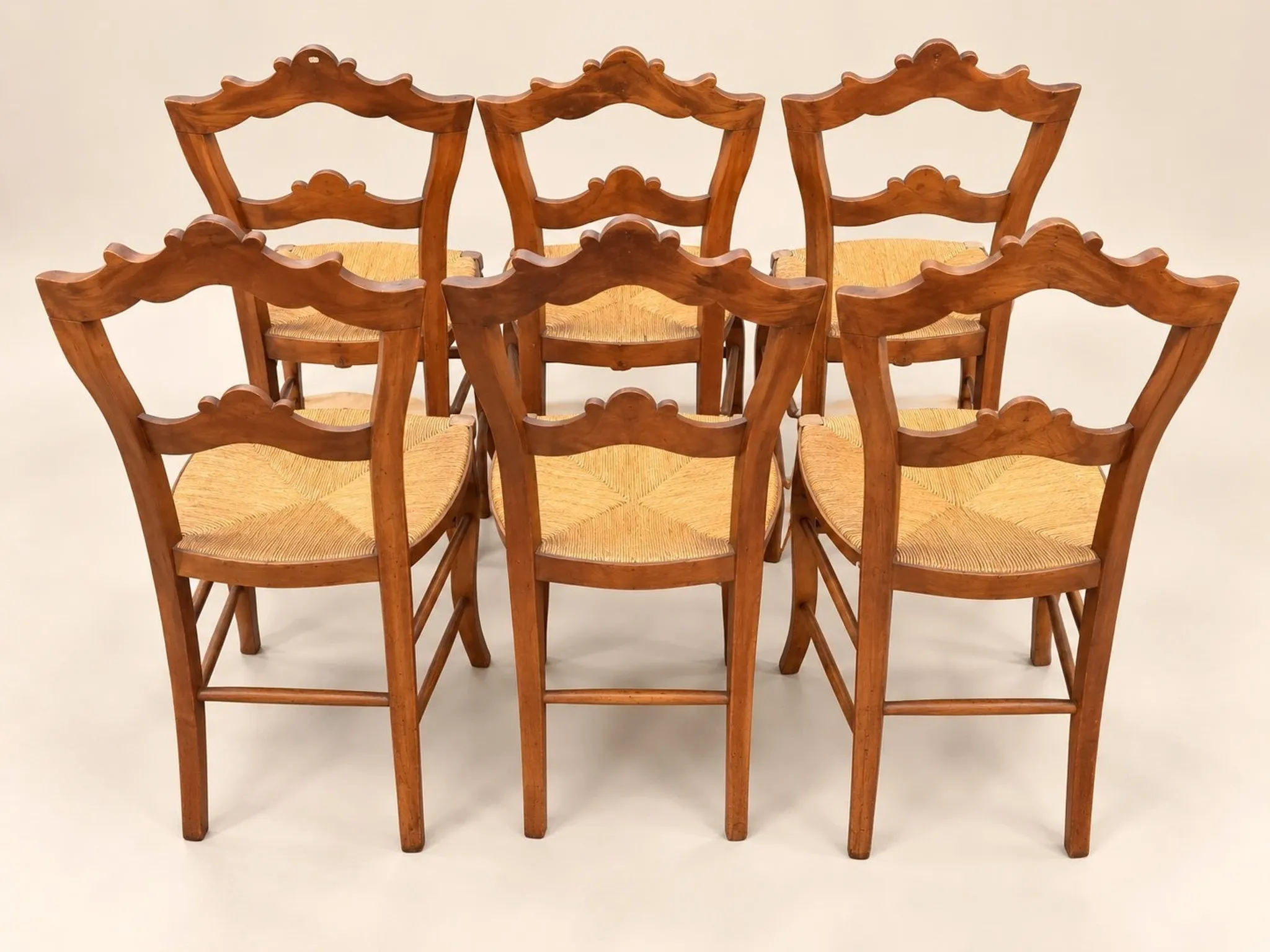Set of 6 Louis-Philippe chairs — Carved backs — Straw seats