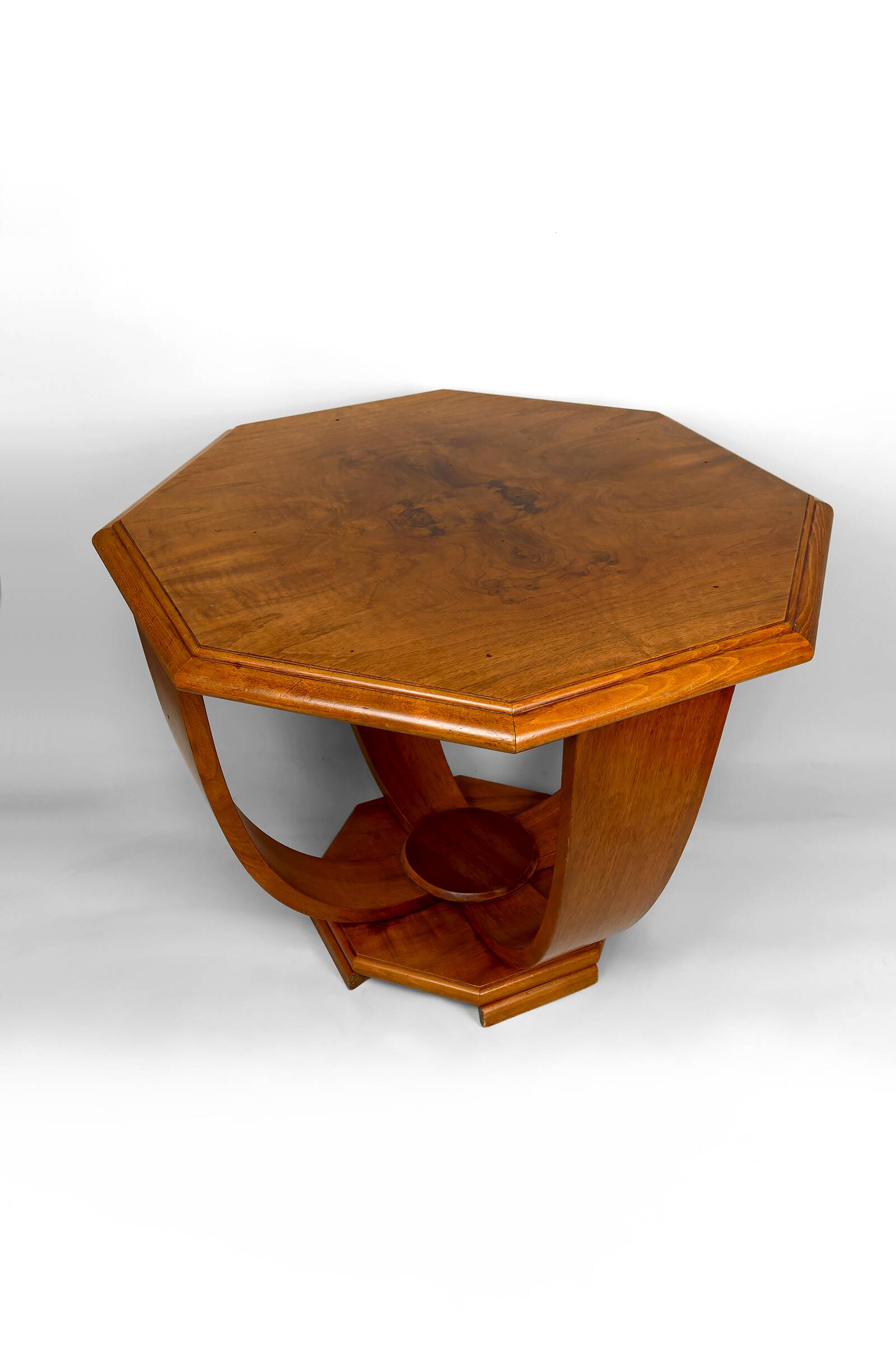 Octagonal Walnut Pedestal Table, Art Deco Modernist, France, c. 1930