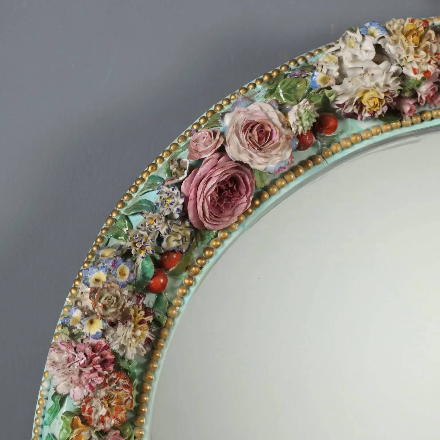Antique ceramic mirror with floral decoration, 19th century