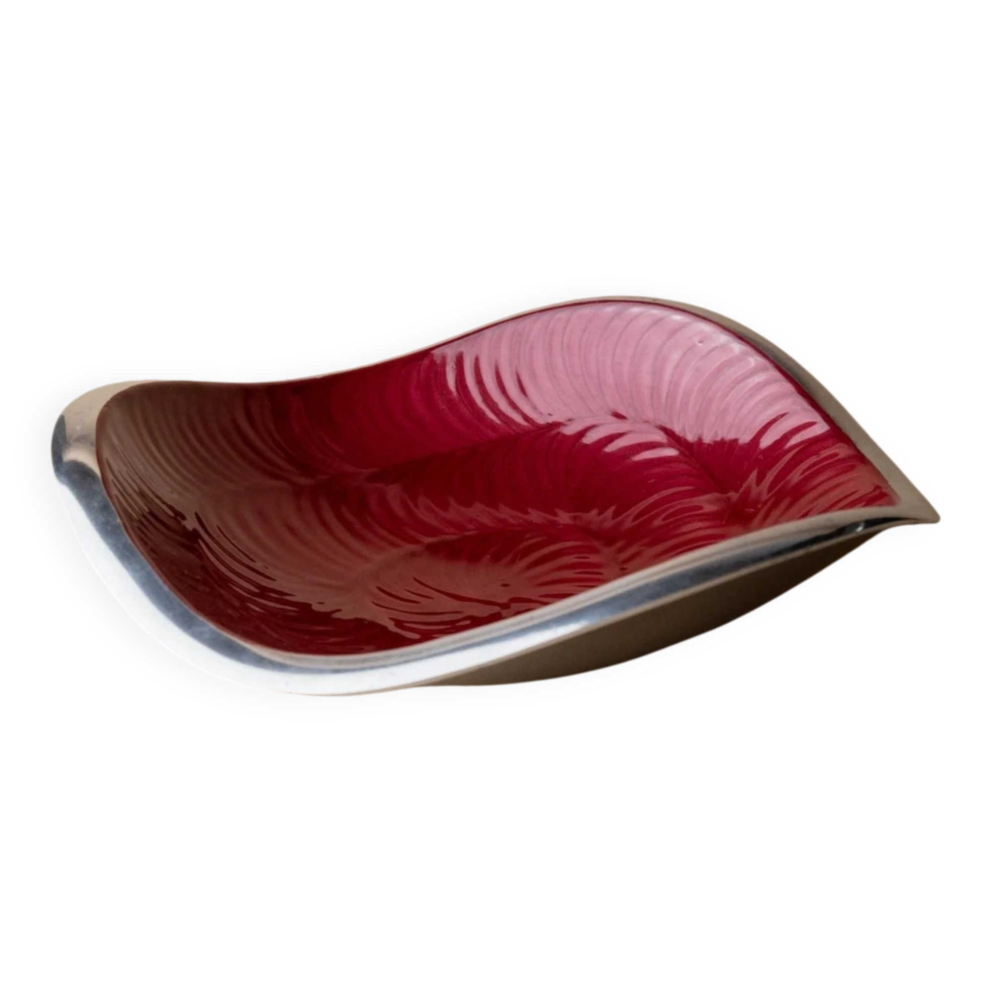 Red enameled steel bowl with textured interior and silver exterior; vintage Italian 1970s design