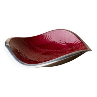Red enameled steel bowl with textured interior and silver exterior; vintage Italian 1970s design