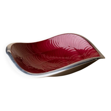 Red enameled steel bowl with textured interior and silver exterior; vintage Italian 1970s design
