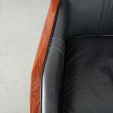 Black leather and wooden Art Deco design armchair