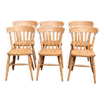6 Windsor restaurant-style chairs from the 1980s in solid wood.