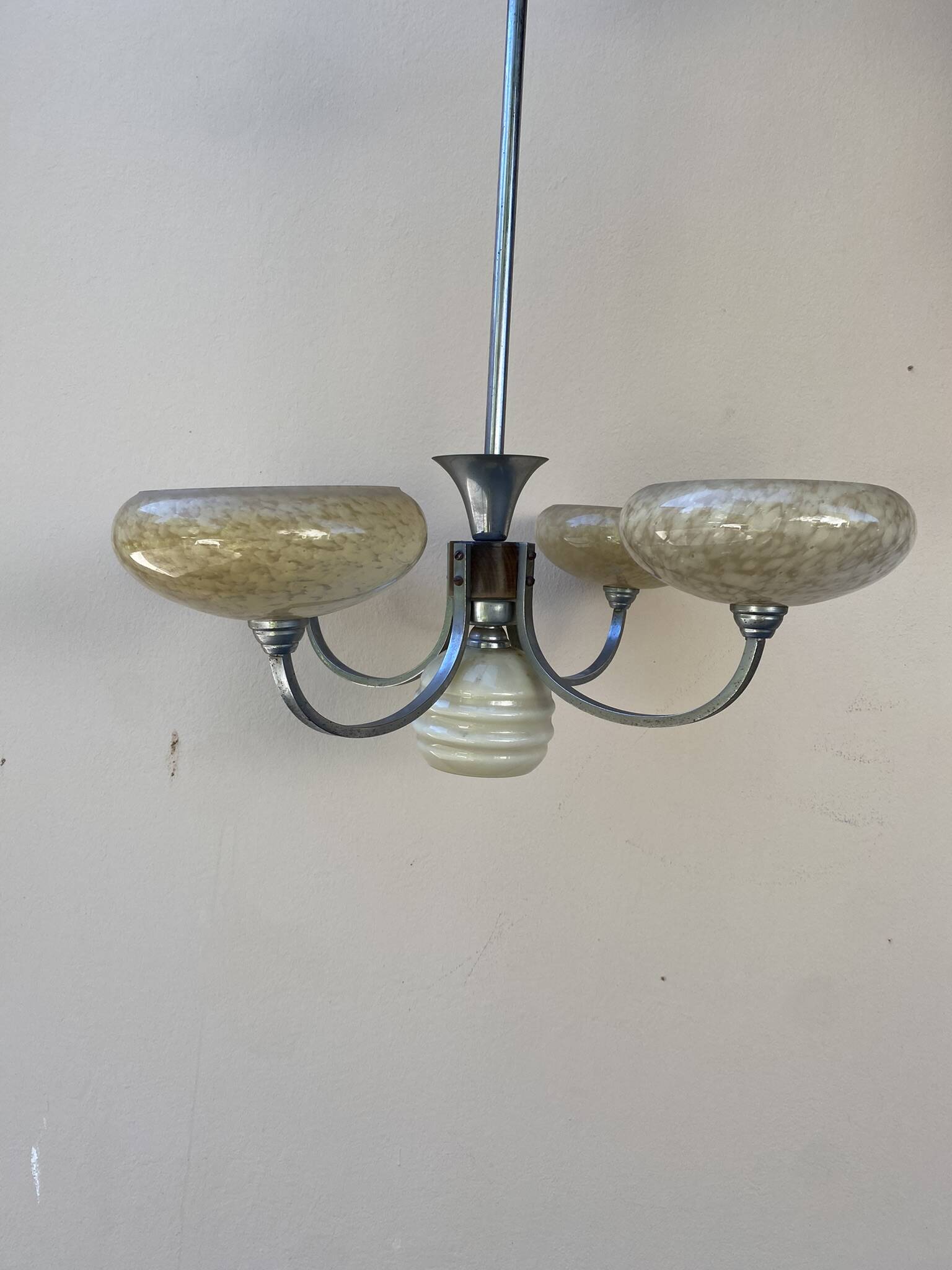 Art Deco opaline wood and metal chandelier