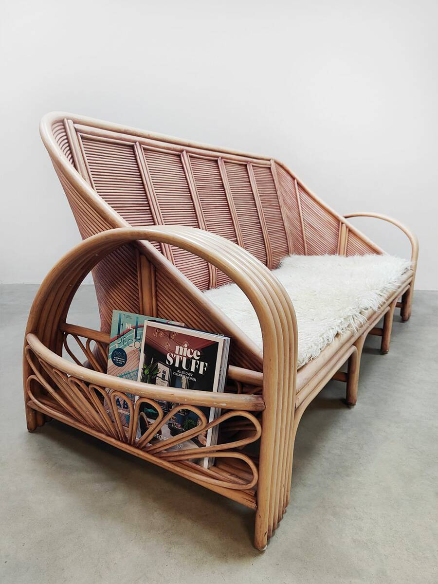 Ensemble de salon vintage en rotin rose et bambou