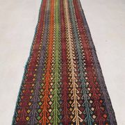 Old Turkish kilim runner 377x77 cm, shabby, vintage kelim red black 2492