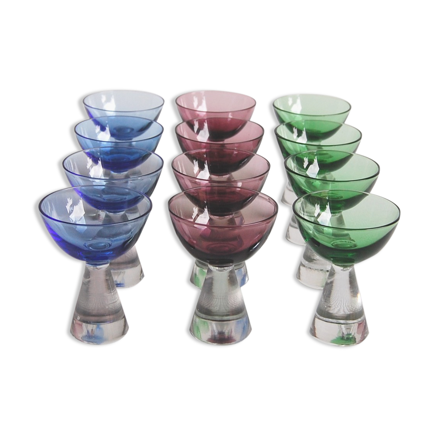 Set of 12 alcohol glasses in colored glass 1950s