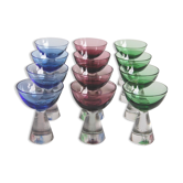 Set of 12 alcohol glasses in colored glass 1950s