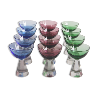 Set of 12 alcohol glasses in colored glass 1950s