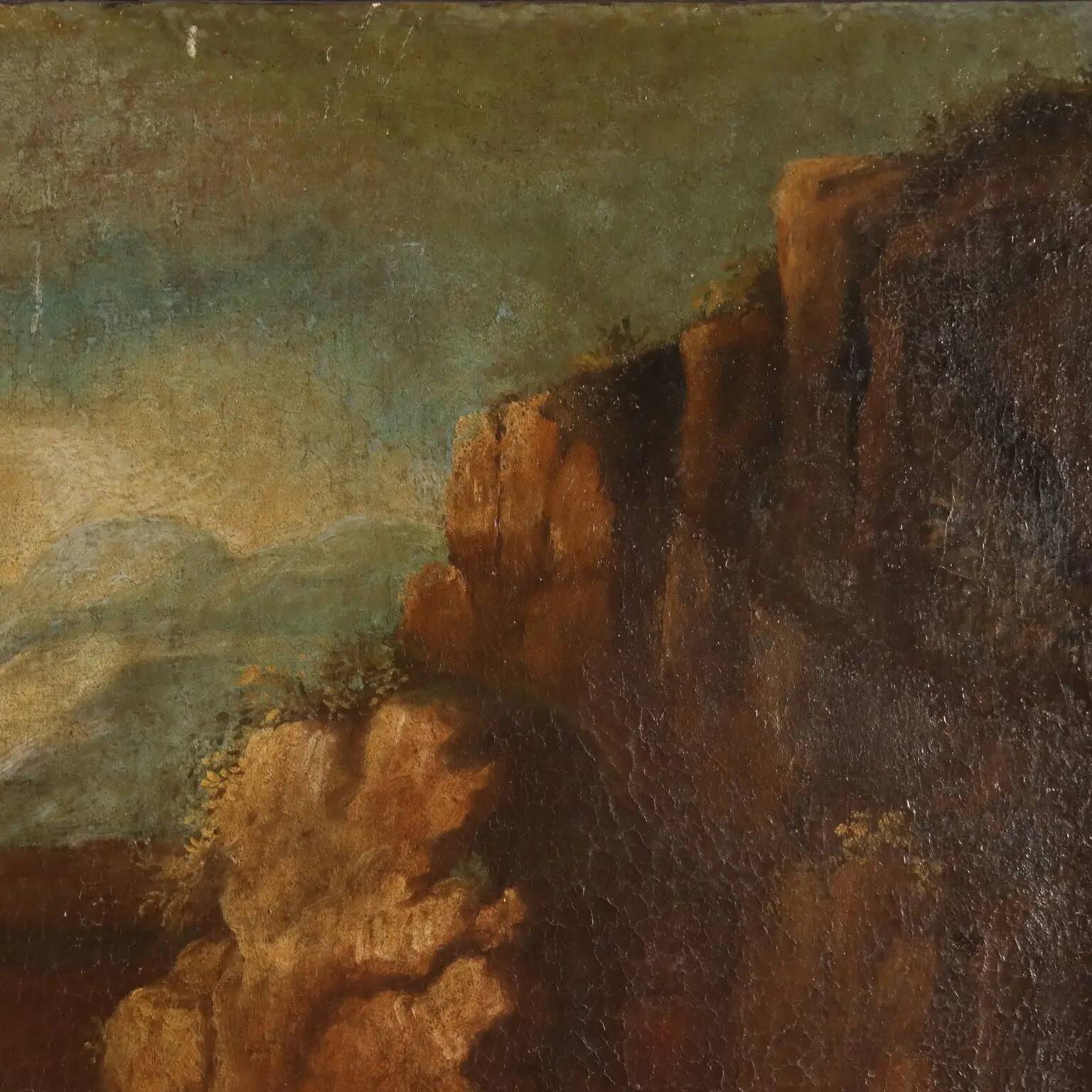Old painting landscape with figures, oil on canvas, 18th century