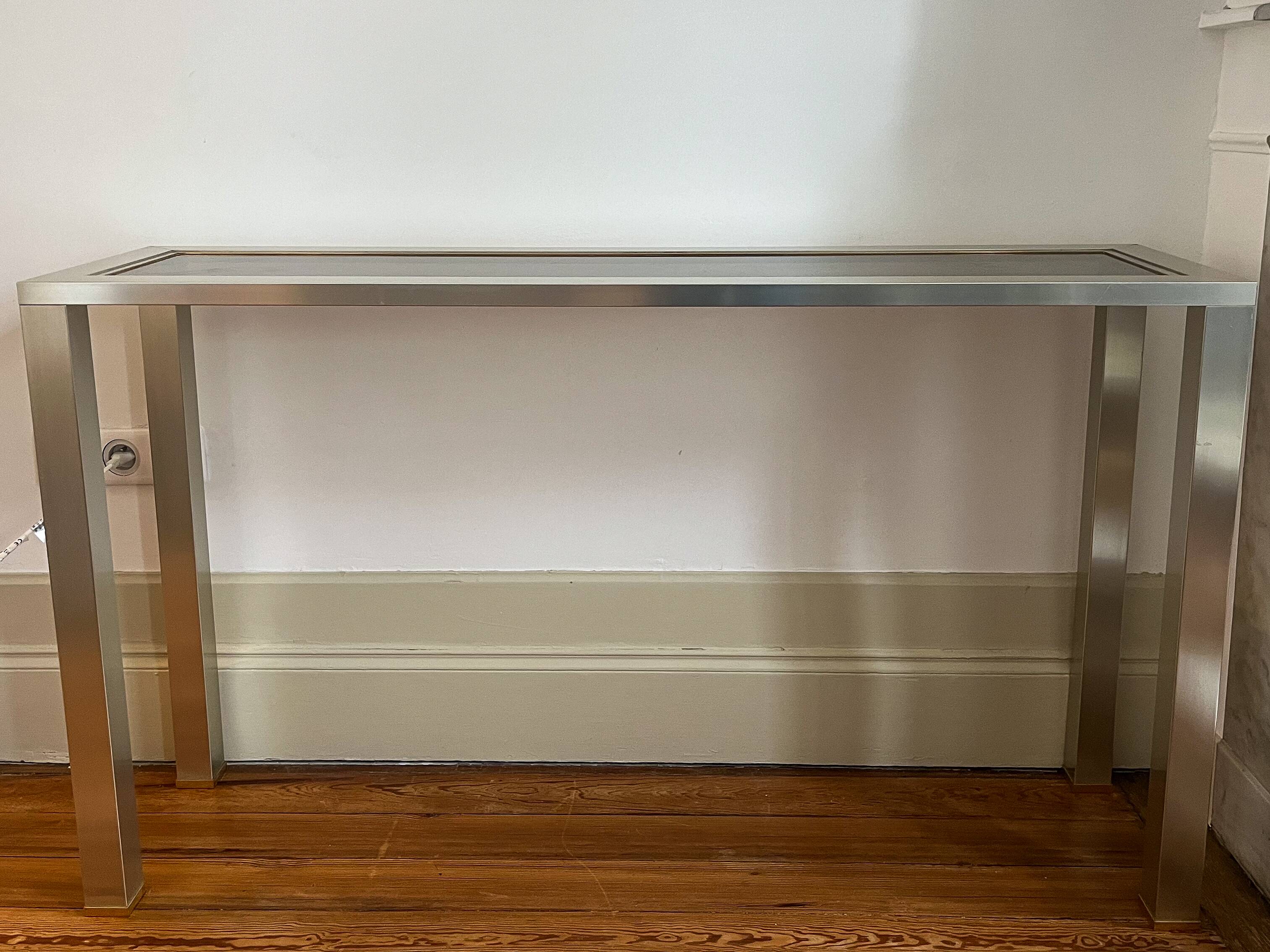70s stainless steel and glass console