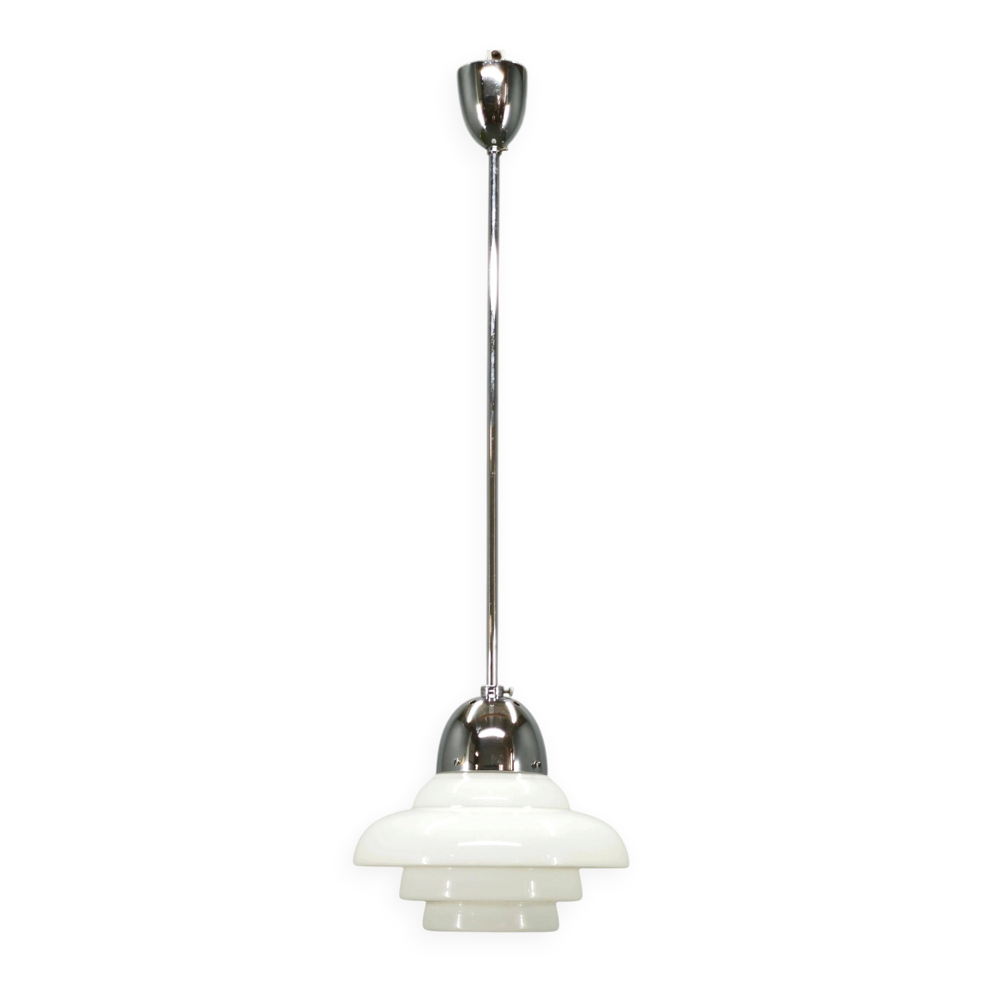 1930s Art Deco Bauhaus Opaline Glass and Chrome Pendant Light