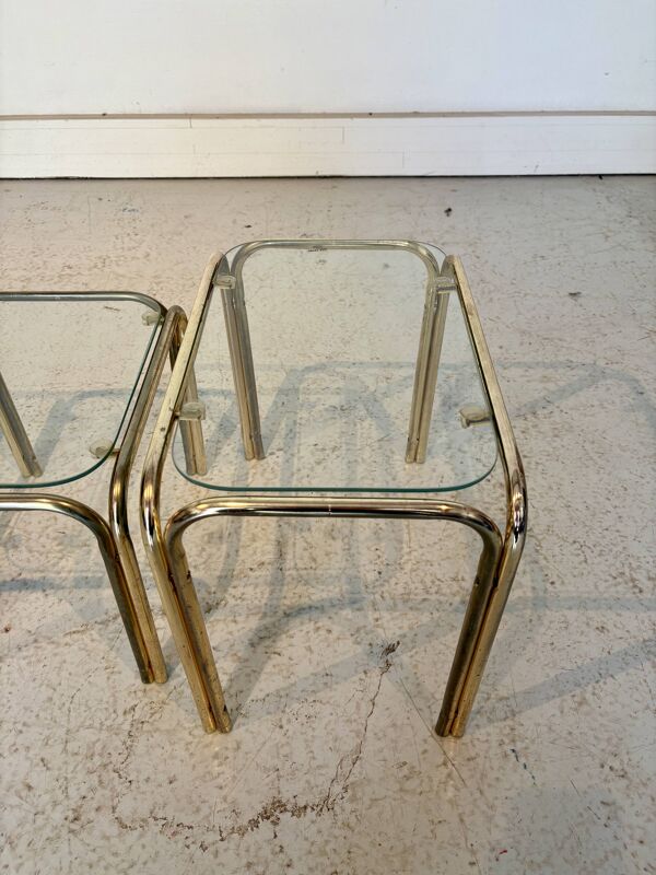 Tables gigognes vintage années 70 en laiton et verre – set de 3