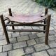 Vintage safari stool in brown leather and dark wood, 1960s, Mid-Century style.