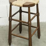Brutalist stool in wood and straw, 1960s, 59cm