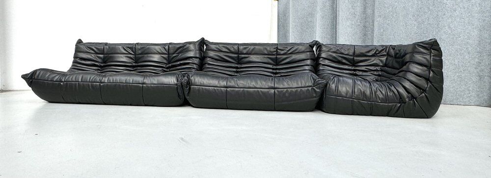 French Togo living room set in black leather by Michel Ducaroy for Ligne Roset, set of 3