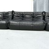 French Togo living room set in black leather by Michel Ducaroy for Ligne Roset, set of 3