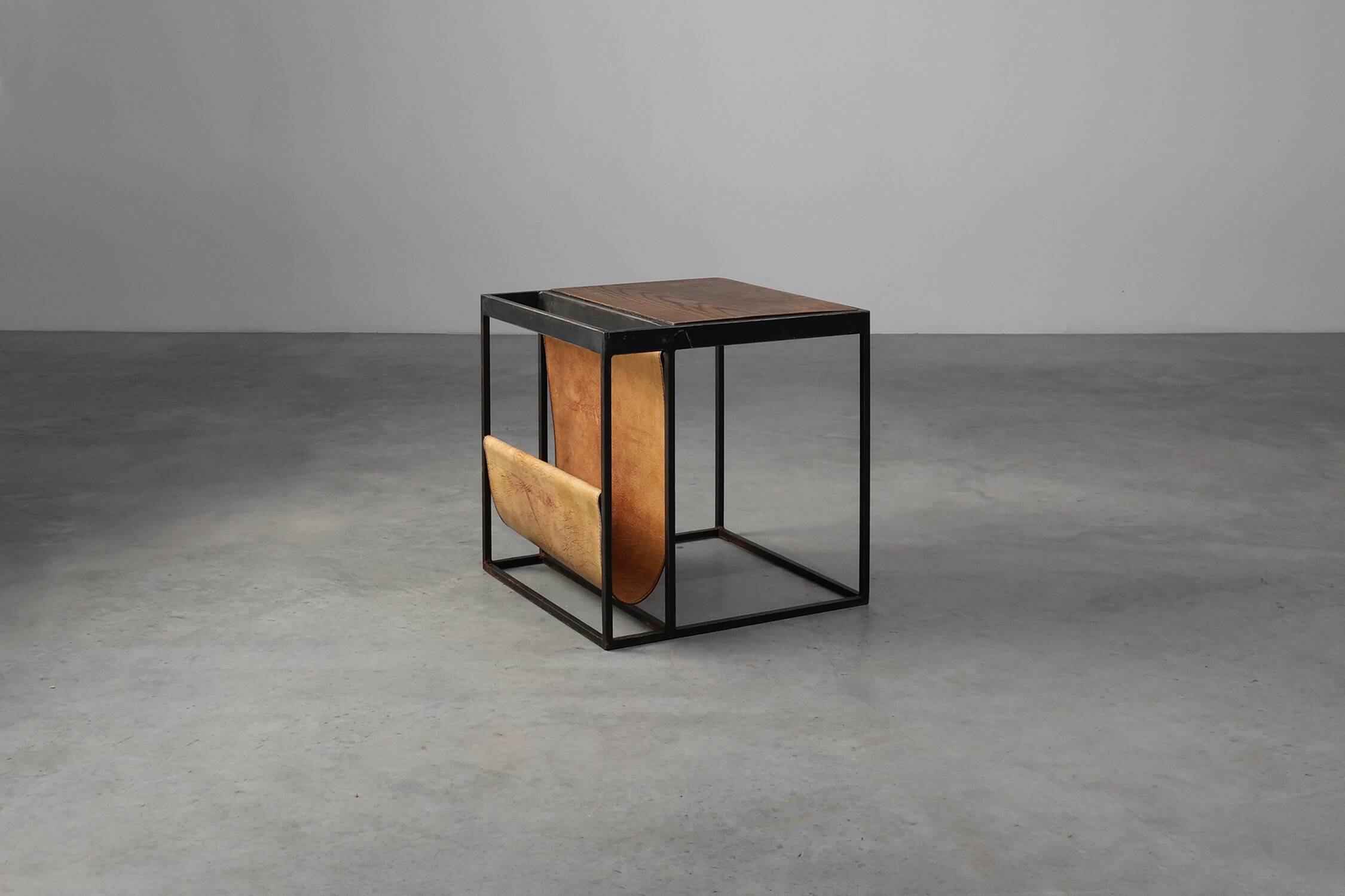 Mid-Century Magazine Holder in Metal, Wood and Leather, Belgium 1960s