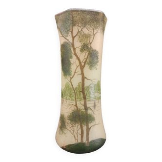 Large Diabolo Vase with Cut Sides in Legras Glass Autumn Decor Circa 1920 27.5cm