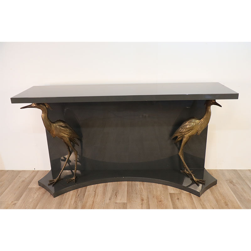 Vintage lacquered wooden console decorated with brass herons 1970