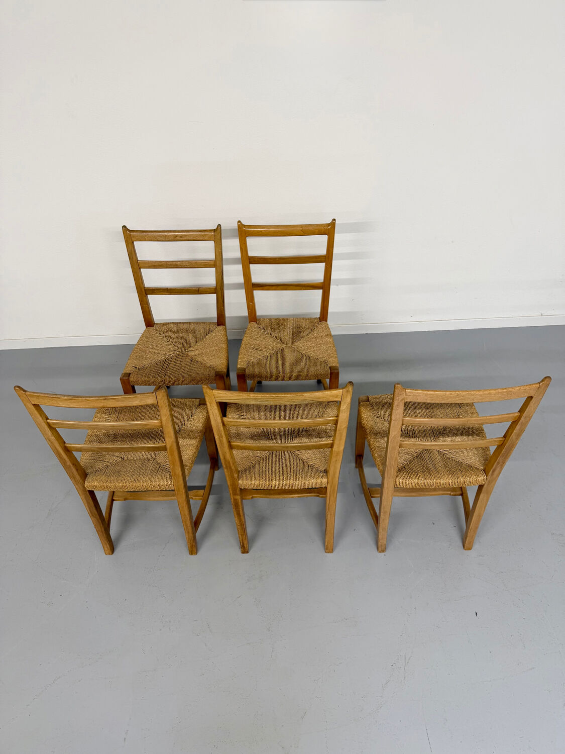 Set of 5 wooden chairs with rope seats, Scandinavian design, 1970s