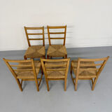 Set of 5 wooden chairs with rope seats, Scandinavian design, 1970s