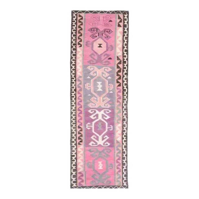 1970s Vintage Turkish Hand-Knotted Wool Cotton Pink Runner Rug 98x303