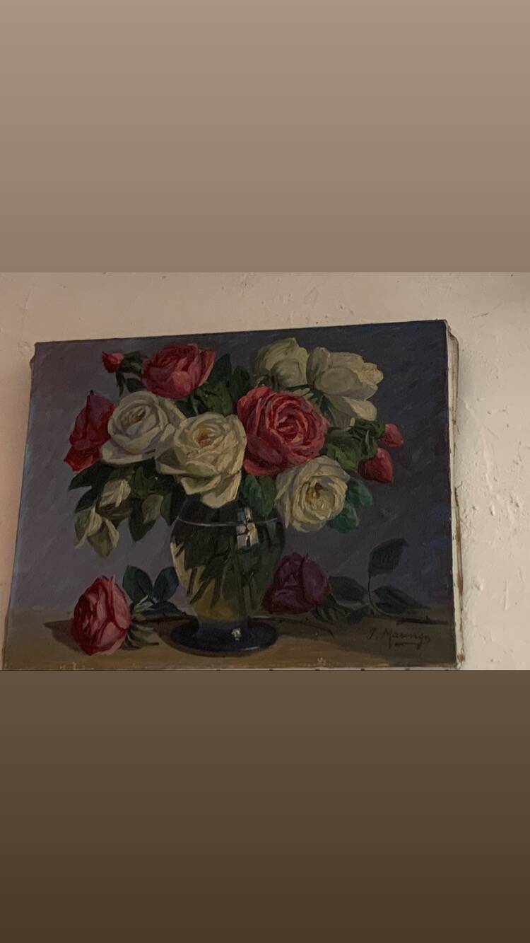 Painting the bouquet of roses, oil on canvas, signed Paul Marengo, art deco