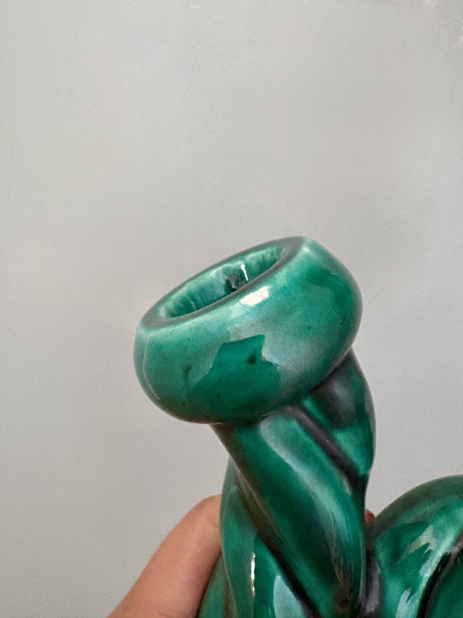 Pair of vintage green ceramic candlesticks signed Hubert Pernin, Vallauris.