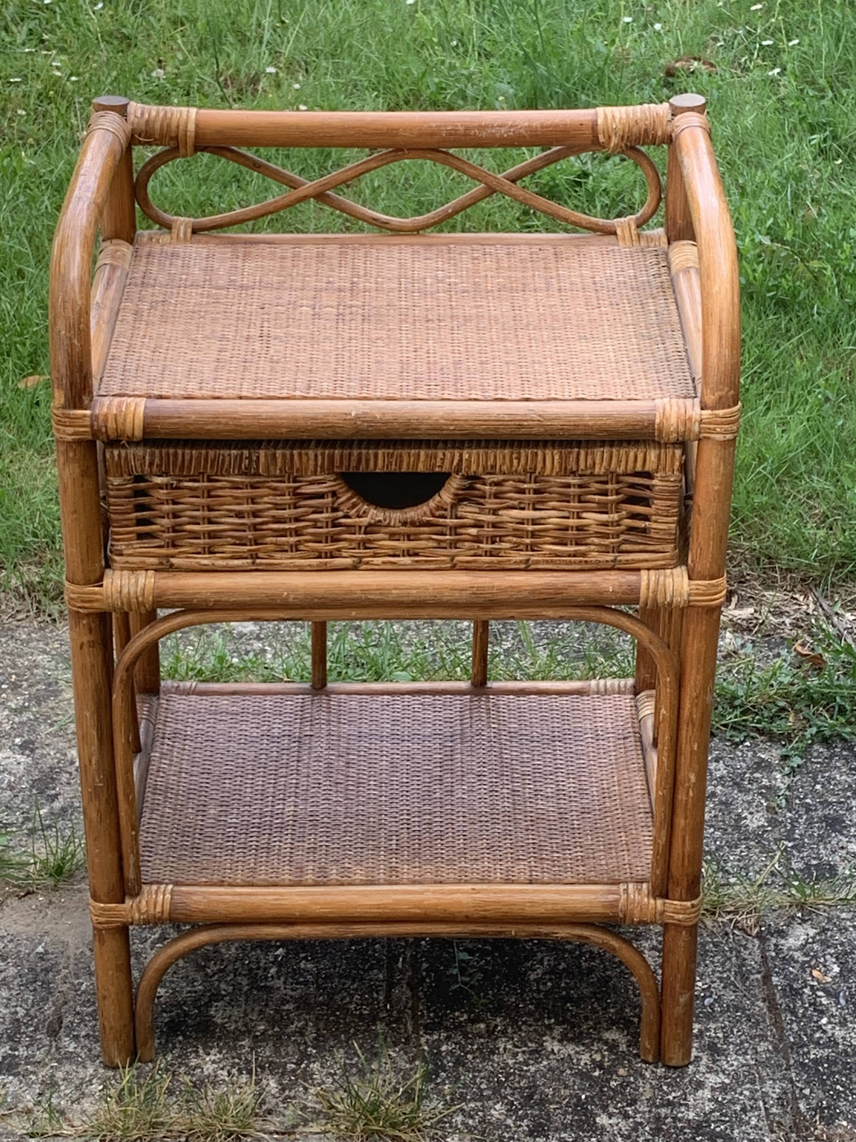 Shelf, side table, bedside table in vintage bamboo and rattan
