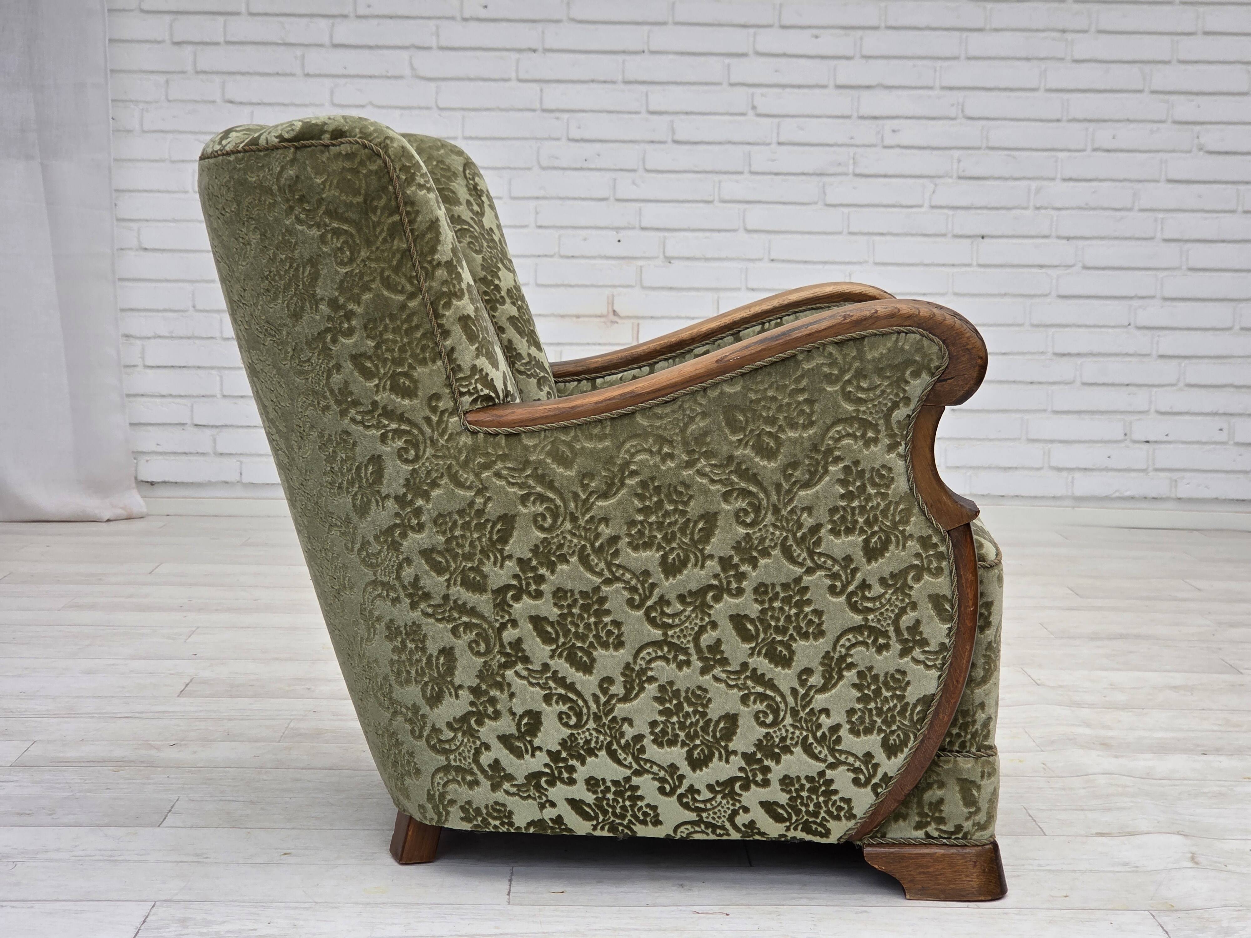1960s, Danish armchair, green furniture velour, solid oak wood.