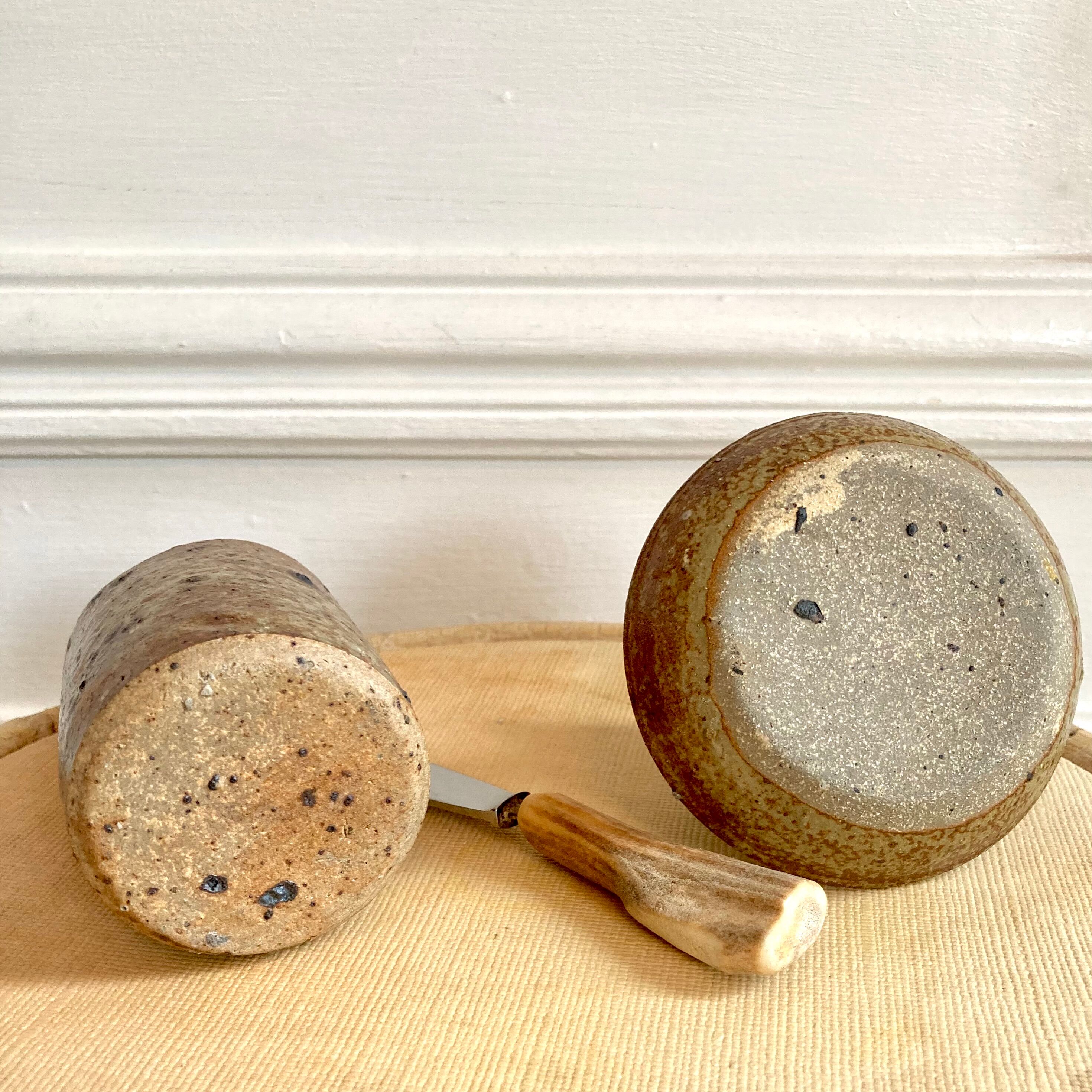 Egg cup and bowl set in pyrite stoneware