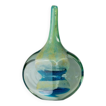 Vase lollipop vintage mdina en verre de murano soufflé à la main bleu-vert par michael harris, décor de table des années 1970.