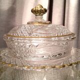 Butter dish or candy dish in pressed glass molded with golden rim
