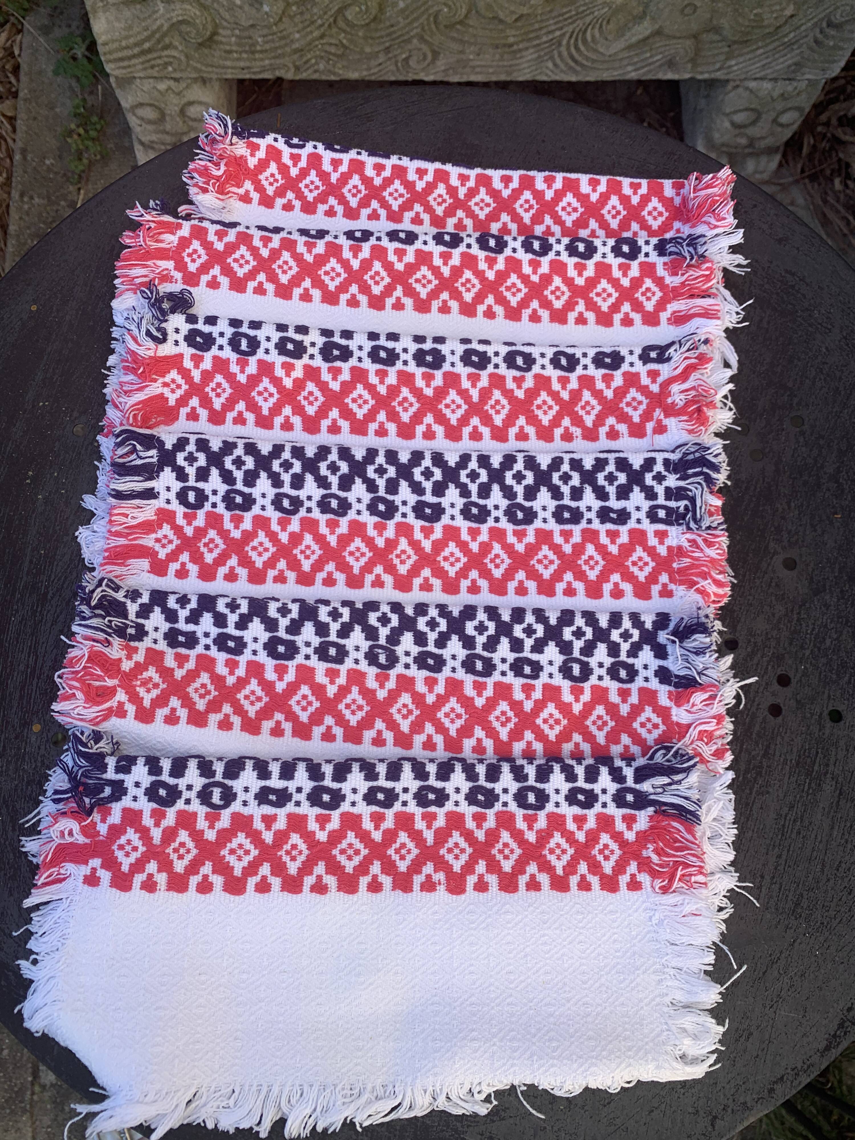 6 towels in Basque cotton patterns pink and indigo blue vintage