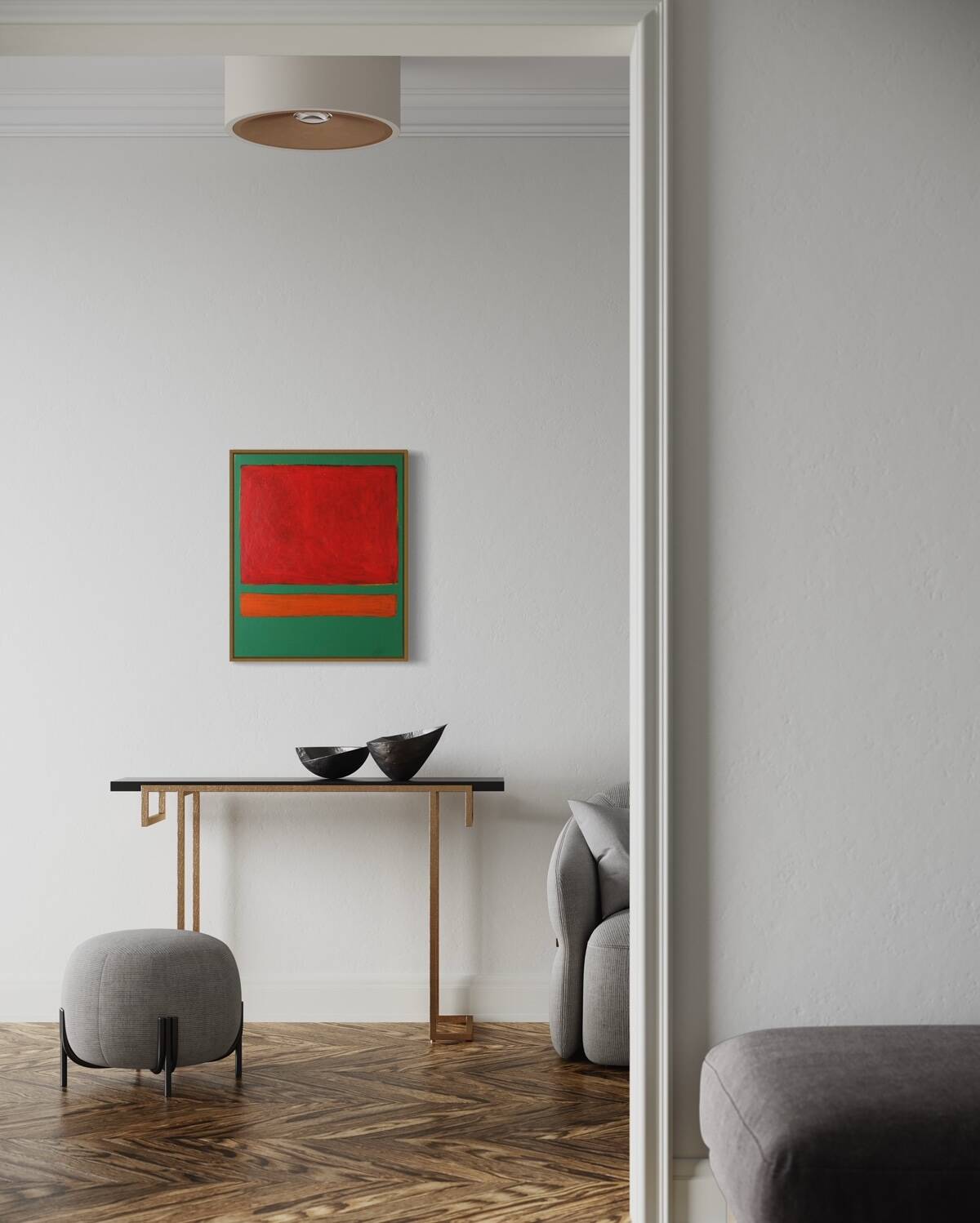 Red on green unique acrylic painting