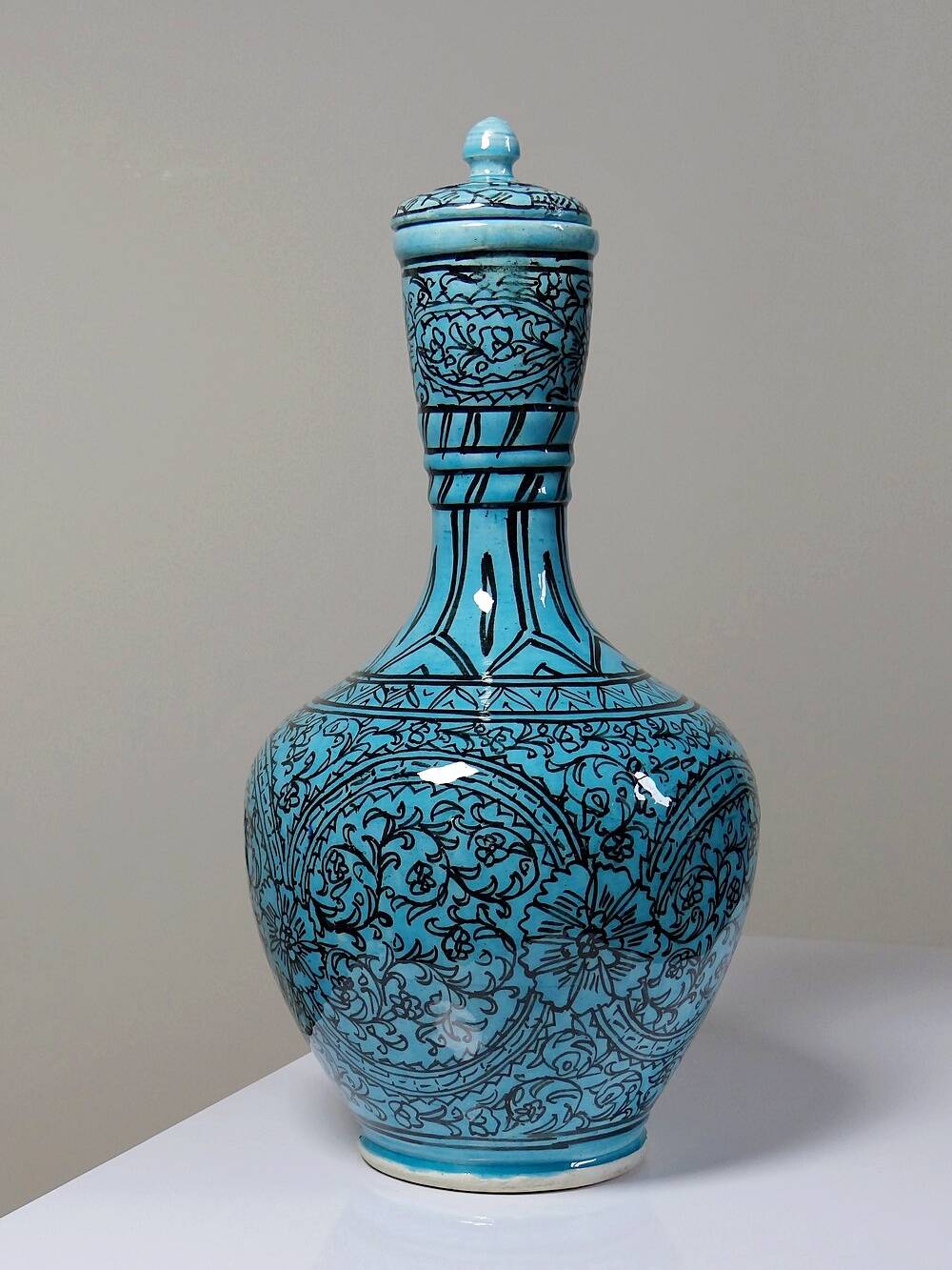 Covered vase or jar Persian glazed pottery Iznik turquoise painted vintage