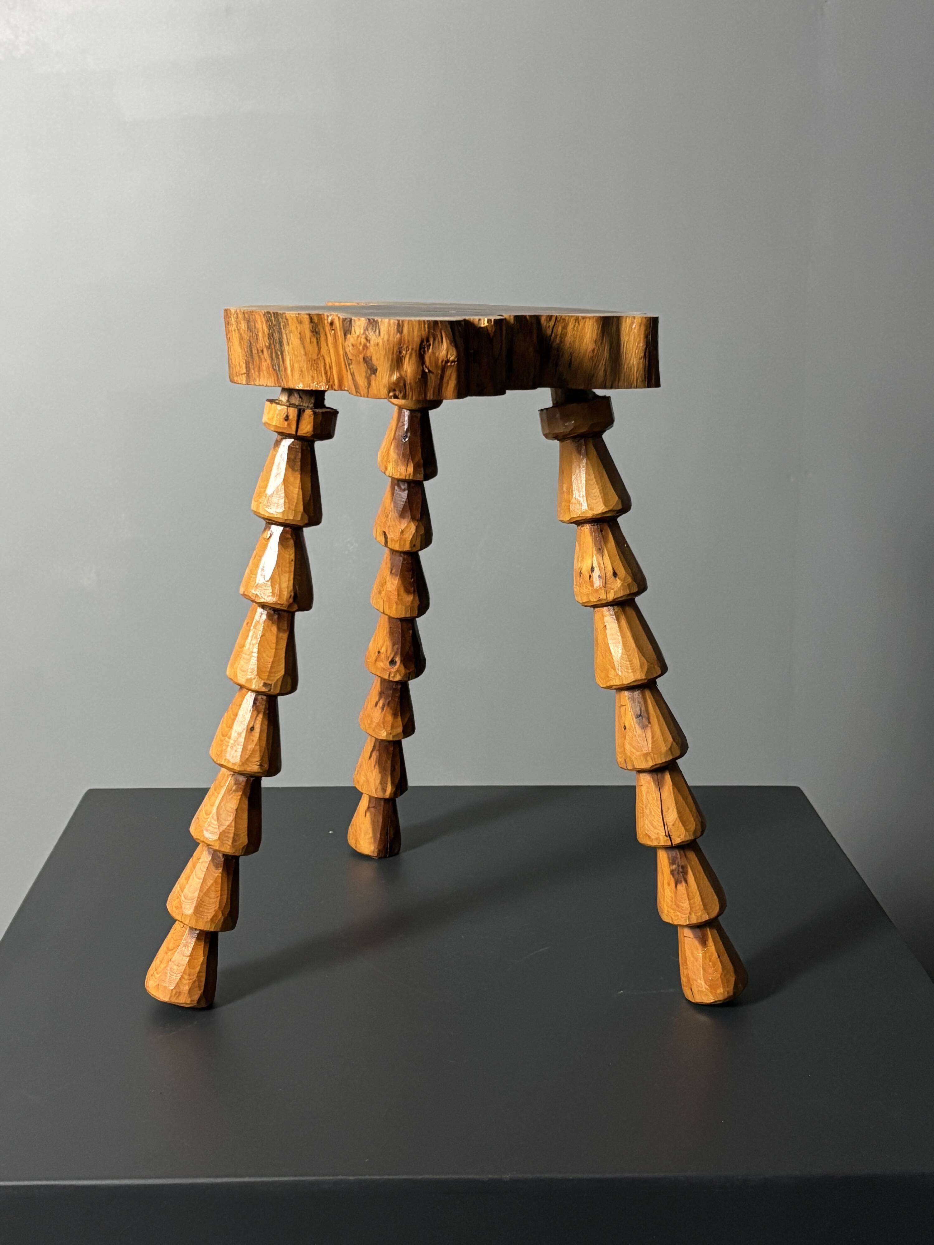 Midcentury brutalist artisanal wood turned handmade tripod stool, ca 1960s