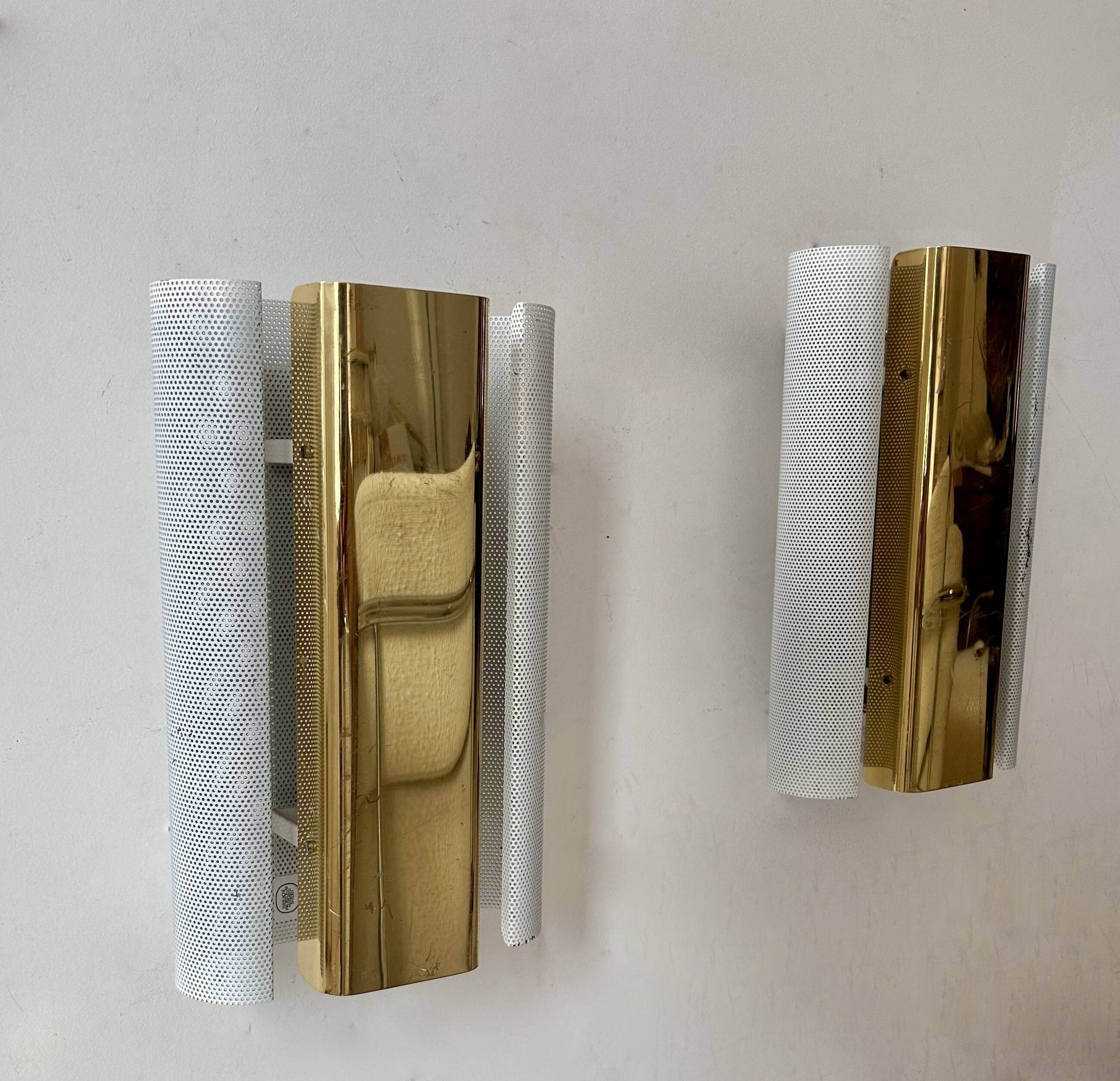Pair of vintage wall lights, brass and white perforated metal, Hans Agne Jakobsson