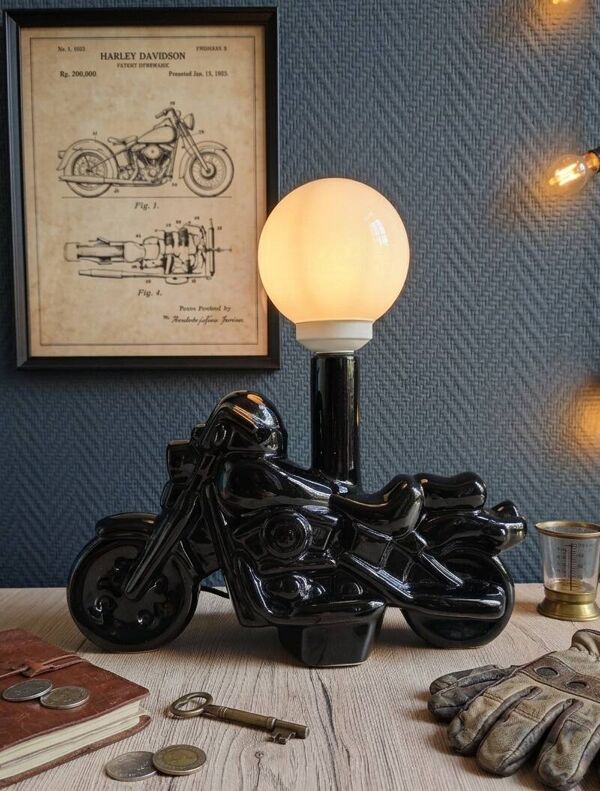 Lampe de table moto céramique noire vintage   Style Harley Davidson
