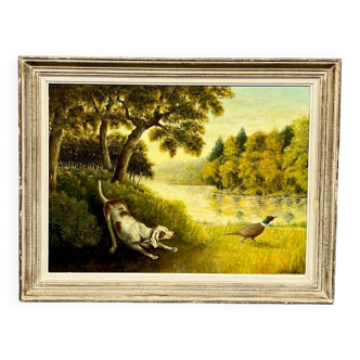 I. Grandidier. “Pheasant Hunting” painting. Oil on wood panel.