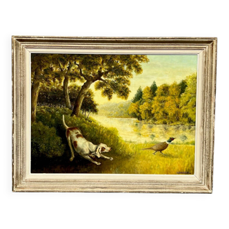 I. Grandidier. Tableau "Chasse au Faisan". Huile sur panneau de bois.