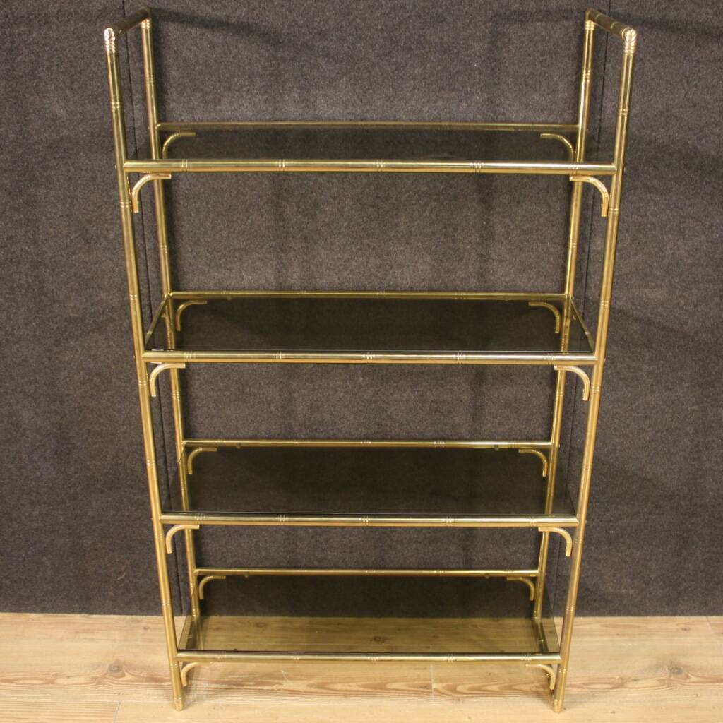 Italian Bookshelf In Golden Metal With Glass Shelves