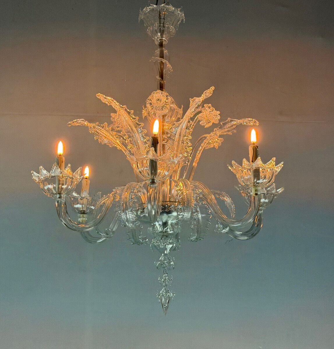 Venetian chandelier in colorless Murano glass with 6 light arms, circa 1930