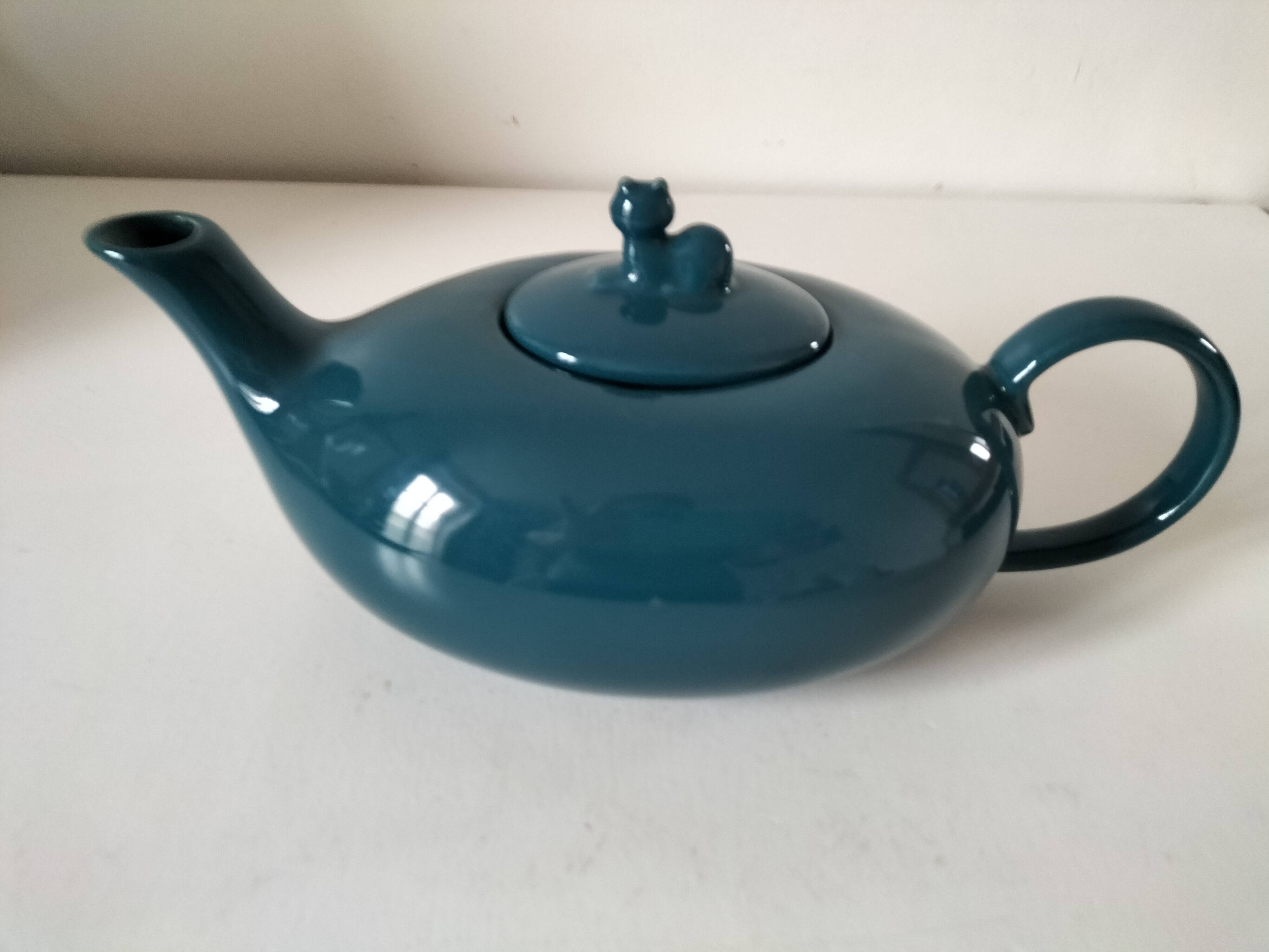 Vintage design teapot – cat model – duck blue glazed ceramic