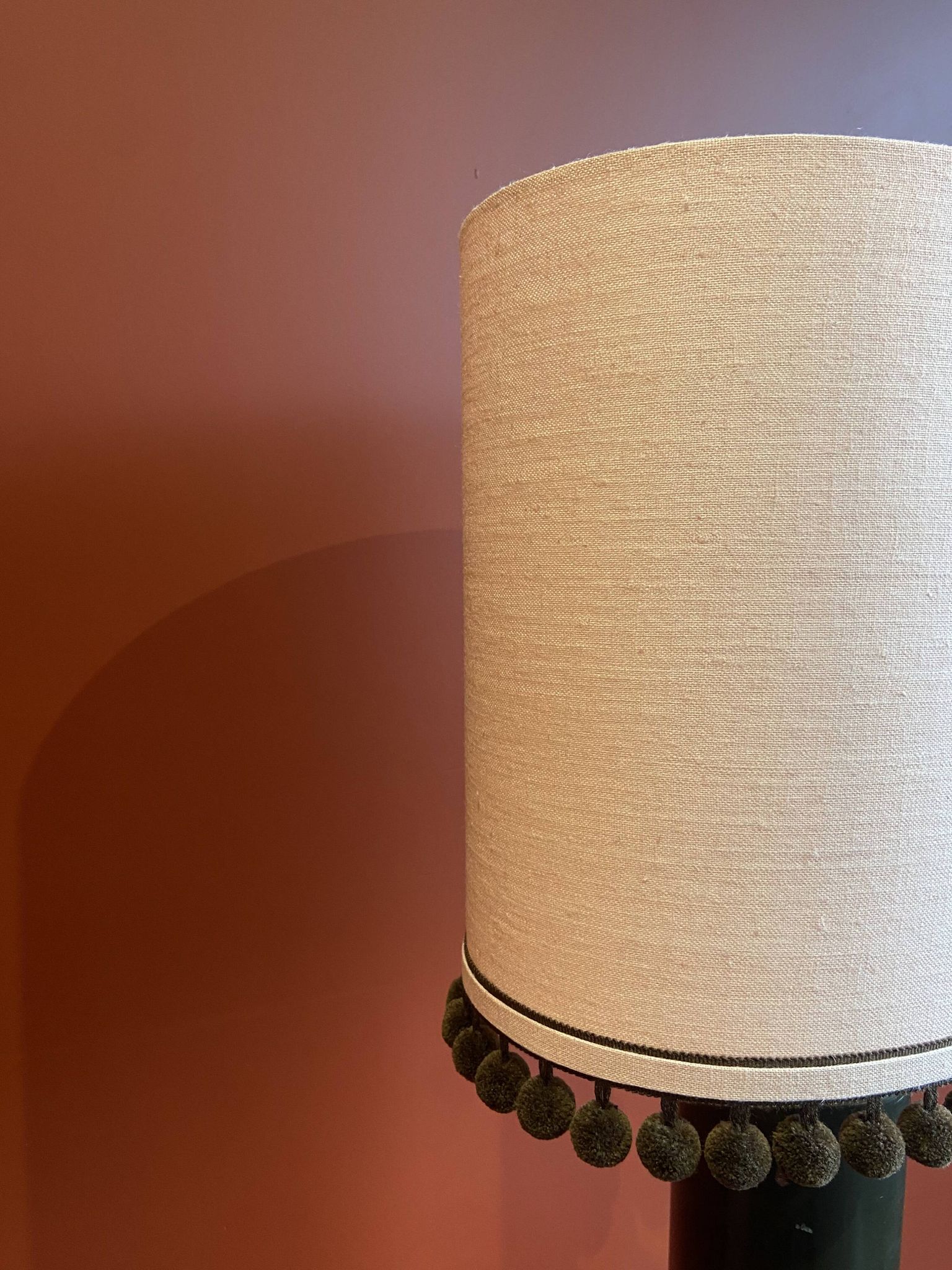 Copper "bouillotte" lamp with Ashoka Silk shade, pom-poms of c
