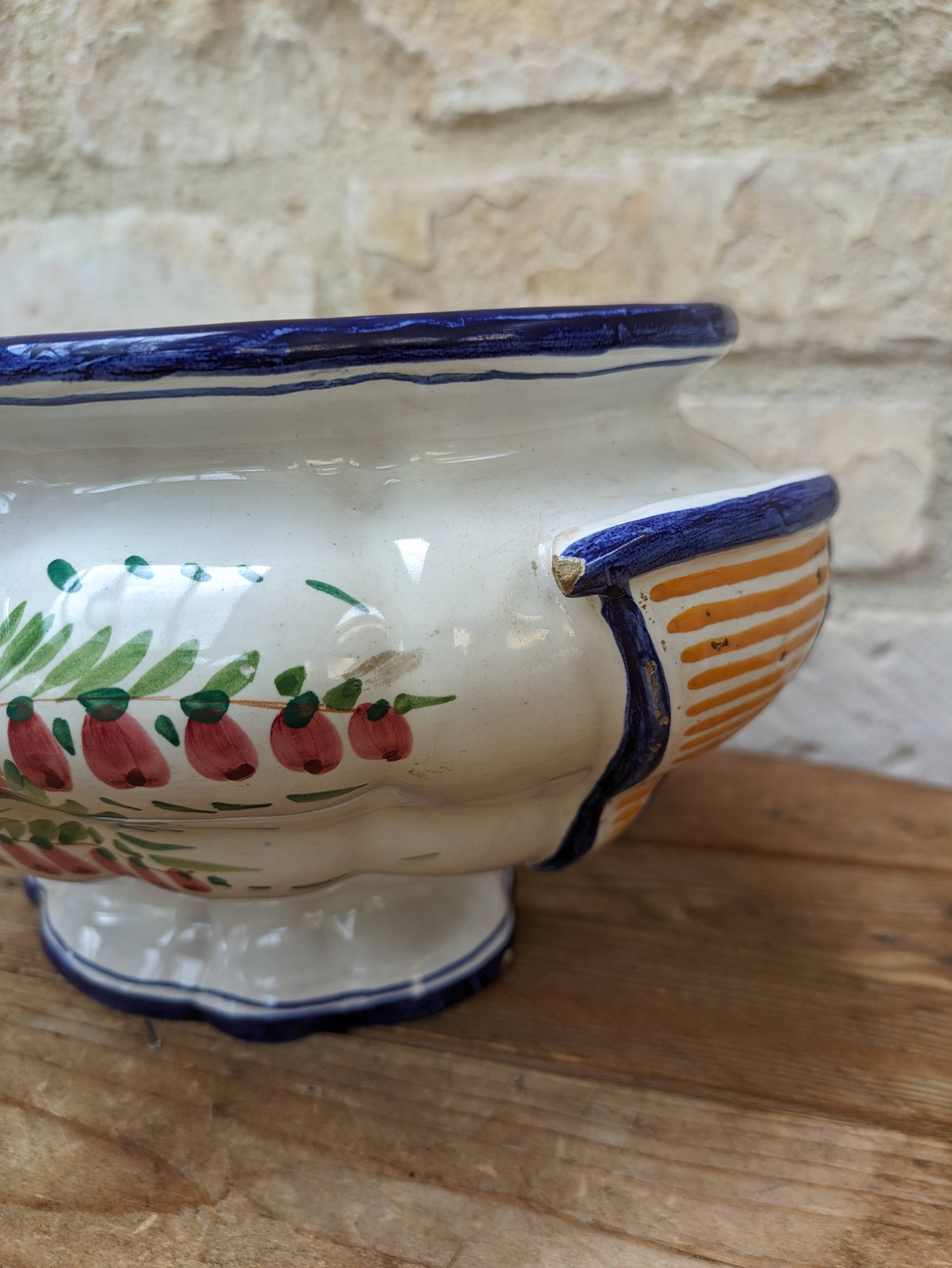 Old serving dish, vegetable dish, soup tureen without lid, flower decoration