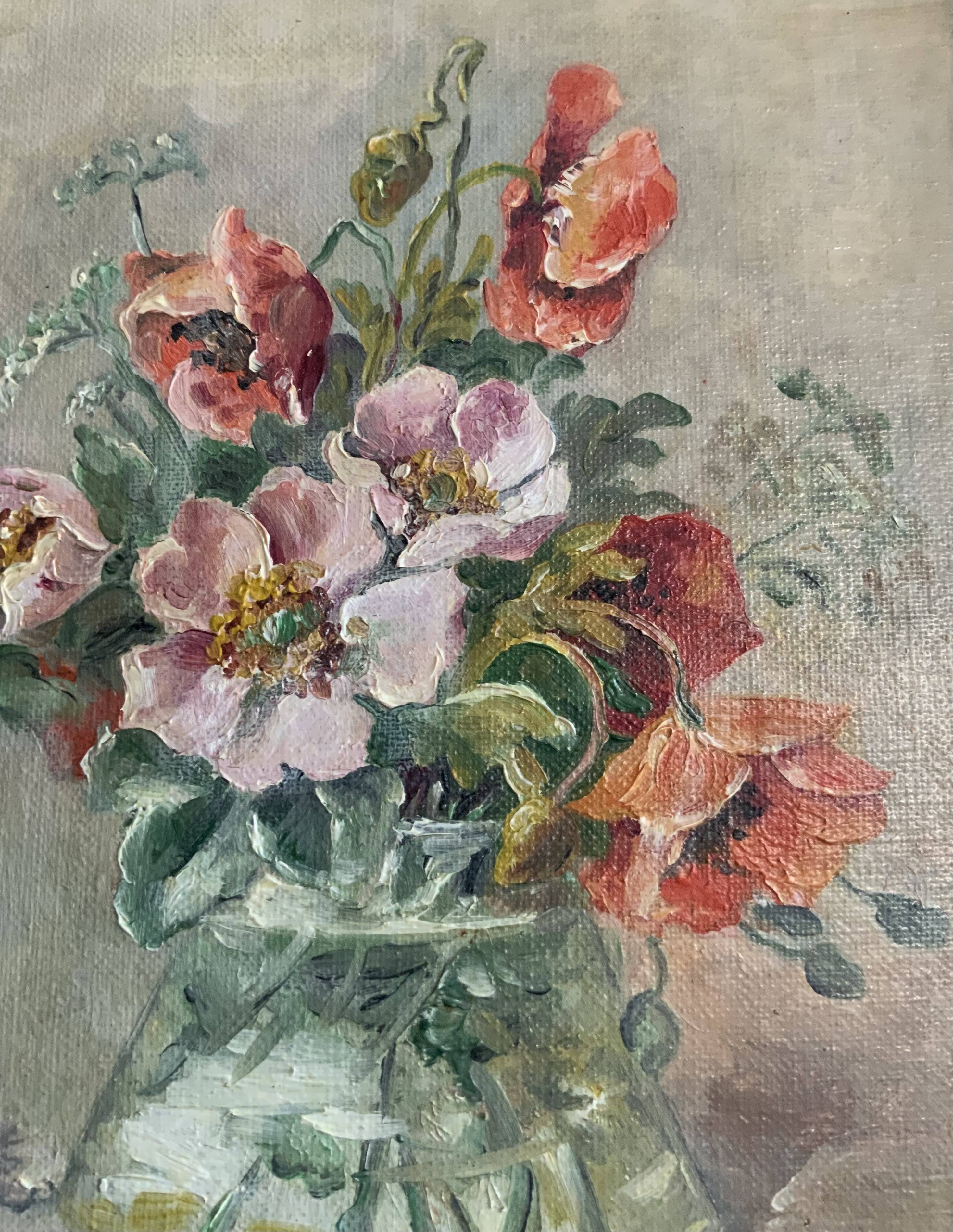 Antique oil painting still life with flowers 1936, signed